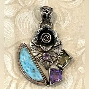 Larimar Amethyst and Peridot 0.925 Sterling Silver Necklace Pendant